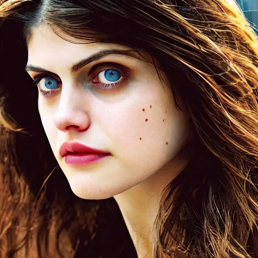 Image similar to closeup portrait of alexandra daddario in a smoky new york back street, photograph, natural light, detailed face, magazine, press, photo, Steve McCurry, David Lazar, CANON Eos C300, ƒ1.8, 35mm