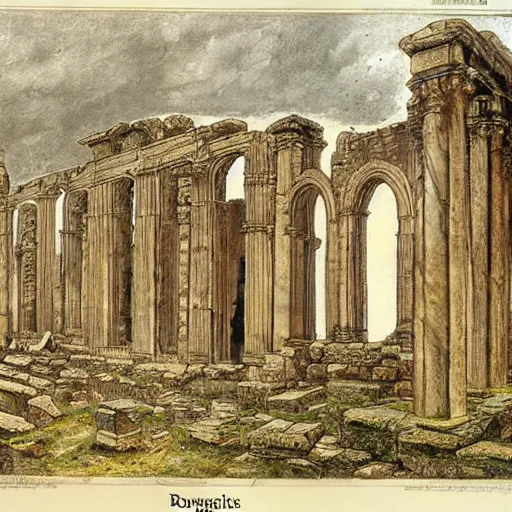 Prompt: roman ruins in the english countryside, dark ages, 8 th century, by james gurney