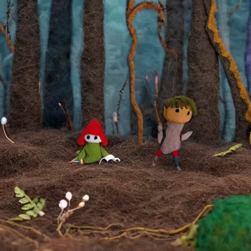 Image similar to Over the Garden Wall, greg and wirt are lost in the forest, scene made of felt and wool, claymation