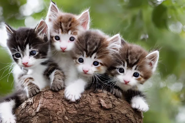 Image similar to kittens that are in a tree and the kittens are looking directly into the camera