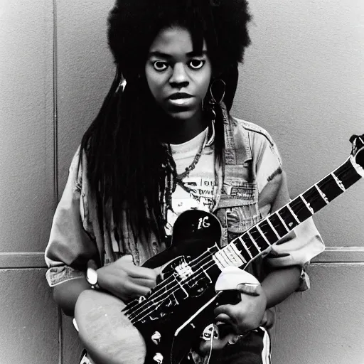 Image similar to 19-year-old black girl, African American girl, with long shaggy black hair, afro hair, wearing denim jacket and bell-bottom jeans, playing electric guitar, stoner metal concert, heavy blues rock, punk rock, noise rock, concert lighting, VHS quality, 1993 photograph