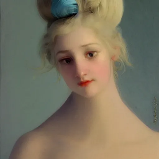 Prompt: young woman's face, her hair is white and she wears a cobalt blue duchesse satin cloak, by ivan aivazovsky and syd mead and moebius and gaston bussiere and roger dean and willem claesz and pieter claesz and paul delaroche and alma tadema and aelbert cuyp, hyperrealistic, volumetric light, octane