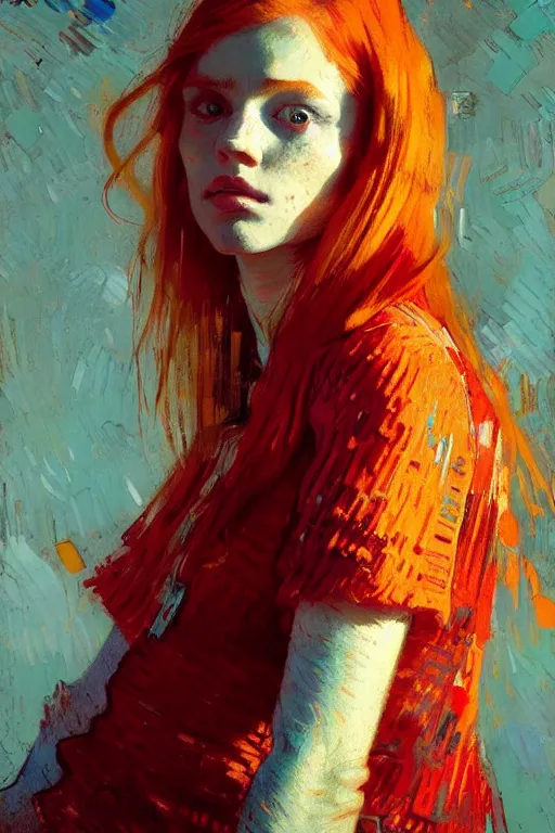 Image similar to portrait of a beautiful redhead girl, complementary colors, beautiful face, rule of thirds, intricate outfit, spotlight, by greg rutkowski, by jeremy mann, by francoise nielly, by van gogh, digital painting