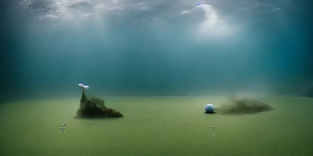 Image similar to a great photograph of the most amazing golf hole in the world under water, fish everywhere, perfect light, ambient light, 5 0 mm, golf digest, top 1 0 0, fog