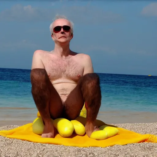 Image similar to lemonman relaxing on a beach, inspired by dalle 2 generations.
