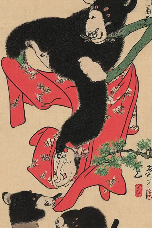 Prompt: ukiyo - e of an anthropomorphic asian black bear lifting up a small girl wearing a kimono to pick an plumb from a branch above their heads, in the style of top 1 0 japanese artists