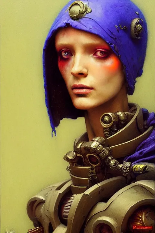 Image similar to character portrait cyberpunk starcraft terran warhammer 4 0 k space marine tech priest warrior princess ( ( ( ( ( ( ( ( totally definitely not negative no not girl with the pearl earring inspired ) ) ) ) ) ) ), beksinski character design, painting by gaston bussiere, katsuya terada, frank frazetta, tom of finland, trending on artstation