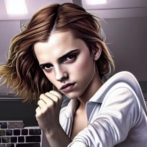 Prompt: a girl who is a mix of emma watson and scarlett johansson and nathalie portman, plugging herself to a computer through an usb cable and a port in her arm, very detailled, by david rutkowski and artgem