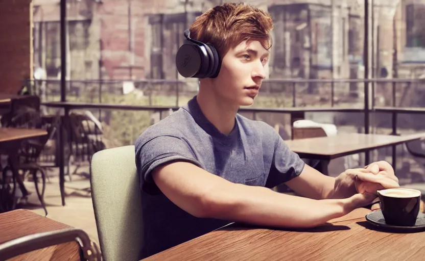 Image similar to a male teenager with headphones in a cafe sitting in front of a table with a coffee, digital painting, masterpiece, digital art, concept art, octane render, unreal engine 5, trending on deviantart, highly detailed, high quality, 4 k, cartoon, high coherence, realistic, anatomically correct, five fingers, relaxing, realistic and detailed face, beautiful, elegant