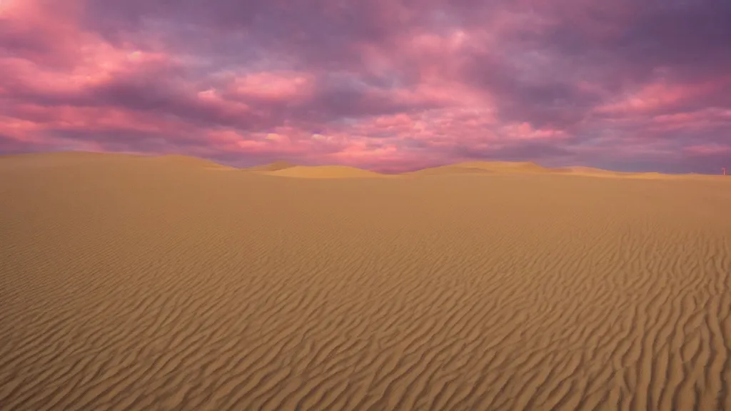 Image similar to The sand dunes under the pink clouds backlit by the sun