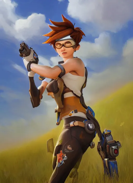 Prompt: beautiful oil painting of tracer from the game overwatch, standing alone in grassy field, smiling while the sun shines down, feminine face, light rays, radiant quality, 4 k, brush strokes, anatomically accurate face, beautiful eyes, peaceful atmosphere, artstation, detailed face, smiling,