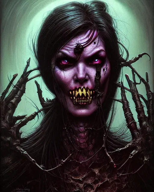 Image similar to widowmaker from overwatch, monster, character portrait, portrait, close up, concept art, intricate details, highly detailed, horror poster, horror, vintage horror art, realistic, terrifying, in the style of michael whelan, beksinski, and gustave dore