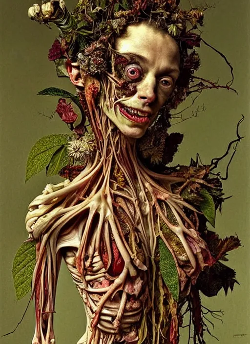 Image similar to beautiful and detailed rotten woman made of plants and many different types of flowers, muscles, intricate, organs, ornate, surreal, miguel angel, gustave courbet, caravaggio, romero ressendi, gunther von hagens
