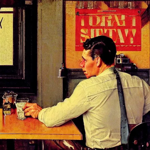 Image similar to a portrait of a man in the 1 9 6 0 s drinking alone in a bar late at night, by norman rockwell