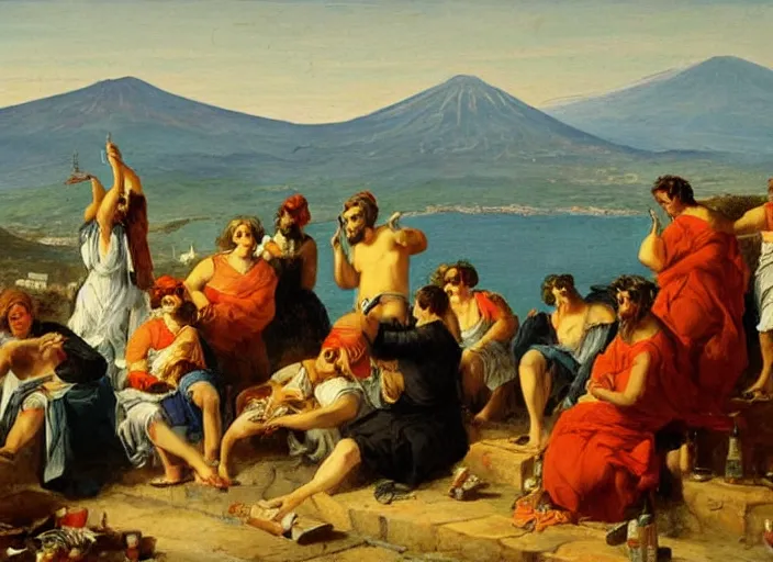 Prompt: detailed painting of average greeks drink wine and have fun against the backdrop of mount vesuvius starting to erupt by brullov