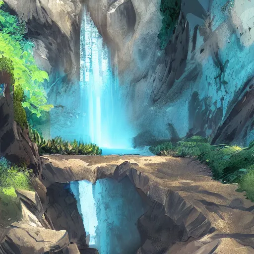 Image similar to digital art of an entrance to a cave, artstation, tomb raider, waterfall, river, mountain, rocks