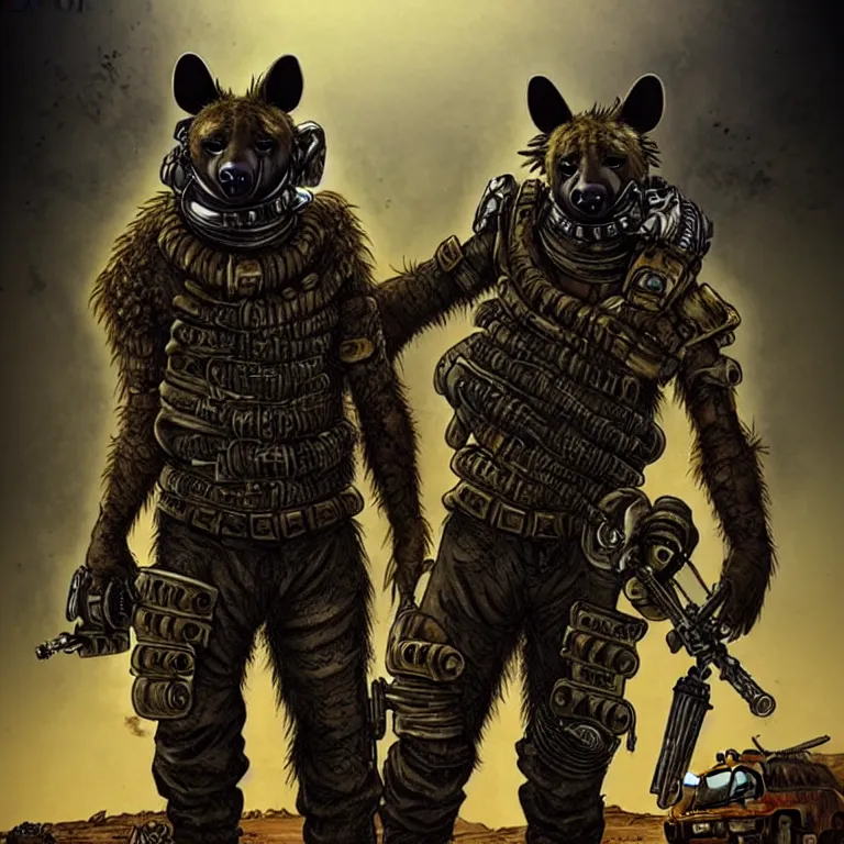 Image similar to a good ol'hyena fursona ( from the furry fandom ), heavily armed and armored facing down armageddon in a dark and gritty version from the makers of mad max : fury road. witness me.