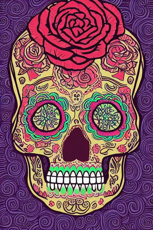 Prompt: illustration of a sugar skull day of the dead girl, art by laurie greasley