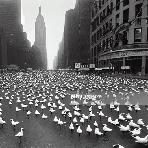 Image similar to many ducks and geese invading a street in New York in 1970, vintage cars, black and white photo