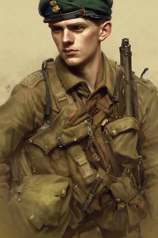 Image similar to A full portrait of a british world war two soldier, intricate, elegant, highly detailed, digital painting, artstation, concept art, smooth, sharp focus, illustration, art by Krenz Cushart and Artem Demura and alphonse mucha