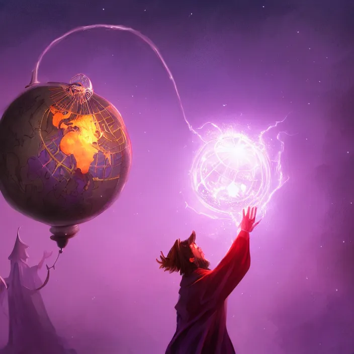 Prompt: A magical globe with a wizard trapped inside, the wizard is knocking on the globe from the inside. Magic, purple lighting, flux. High fantasy, digital painting, HD, 4k, detailed.