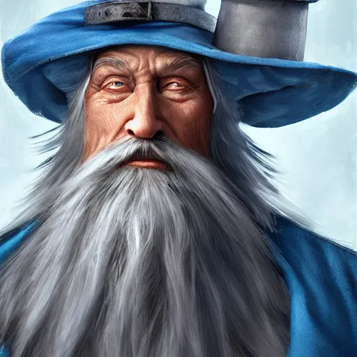 Image similar to a kind old wizard with a long white beard looking a confused, holding a pet chicken perched top of his hat, wearing a blue robe, grey eyes, realistic, detailed, trending on ArtStation, by Tony Sart