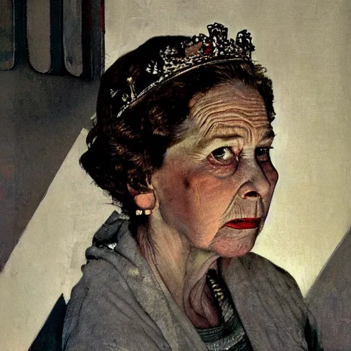 Prompt: close - up portrait of queen elizabeth painted as a sad beggar by norman rockwell, dramatic lighting