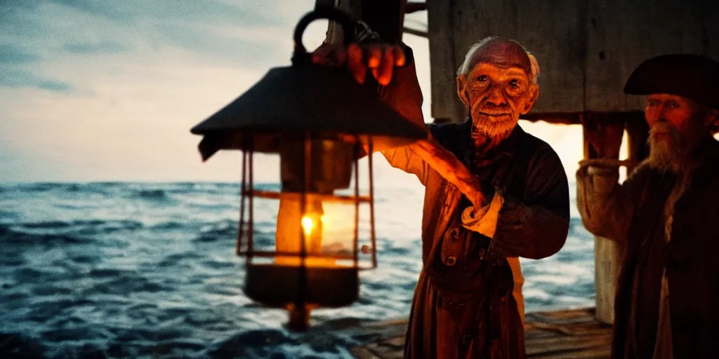 Image similar to film still of closeup old man holding up lantern by his beach hut at night. pirate ship in the ocean by emmanuel lubezki