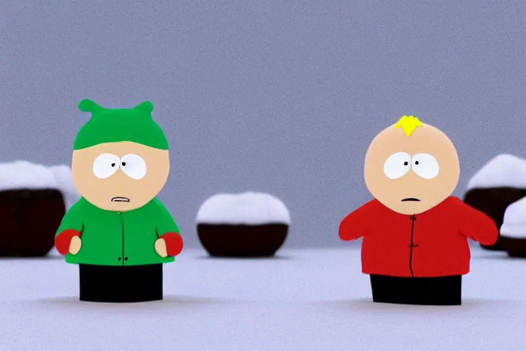 Image similar to a famous scene from Southpark portrayed in clay, 3d render, unreal engine