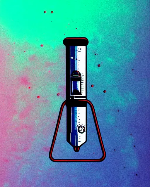 Image similar to ( ( strong dither ) ), editorial illustration scientific lab test tube telescope microscope astronaut, colorful modern, mads berg, karolis strautniekas, christopher balaskas, fine texture, dynamic composition, detailed, matte print, dynamic perspective, halftone texture, muted color, lomography, risograph