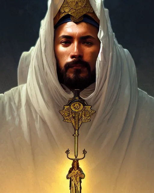 Prompt: realistic wide angle portrait of a bishop, heroic pose, beautiful face, full body, dramatic lighting, intricate, wild, highly detailed, digital painting, artstation, concept art, smooth, sharp focus, illustration, art by artgerm and greg rutkowski and alphonse mucha, footage from space camera