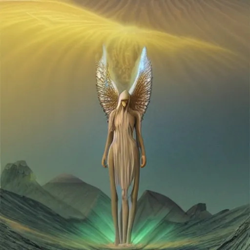 Prompt: elven angel meditating in desert, pyramids, light shafts, wisps, sandstorm, light diffusion, godly, ascending, by moebius, digital art, beautiful, sacred, holy, surreal, fantasy art, oasis, by durer, durer, fairies, surreal alien kingdom, ancient civilization