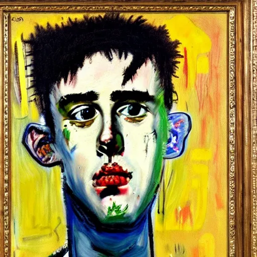 Image similar to detailed neo expressionism oil painting of sad boy lil peep rapper by basquiat and norman rockwell