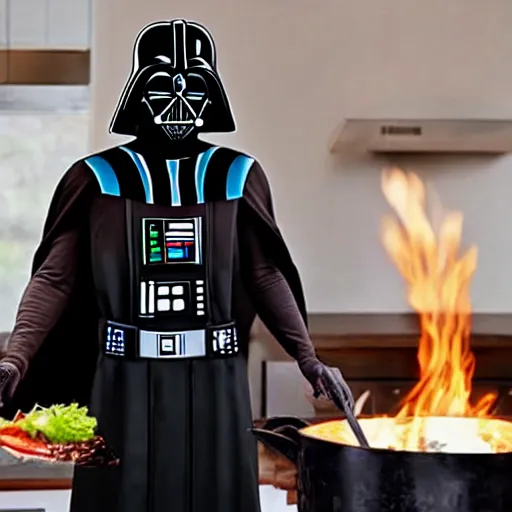 Image similar to darth vader wearing a apron with a funny foke on it grilling at his house on tatoonie, realistic