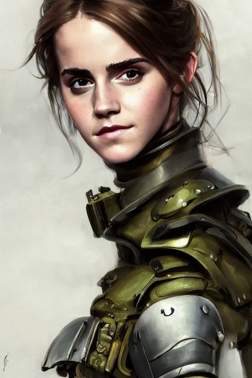 Image similar to a professionally painted portrait of a beautiful Emma Watson, clothed in military armor, olive skin, long dark hair, beautiful bone structure, symmetrical facial features, intricate, elegant, digital painting, trending on Artstation, concept art, smooth, sharp focus, illustration, from Metal Gear by Ruan Jia and Mandy Jurgens and Artgerm and William-Adolphe Bouguerea, award winning