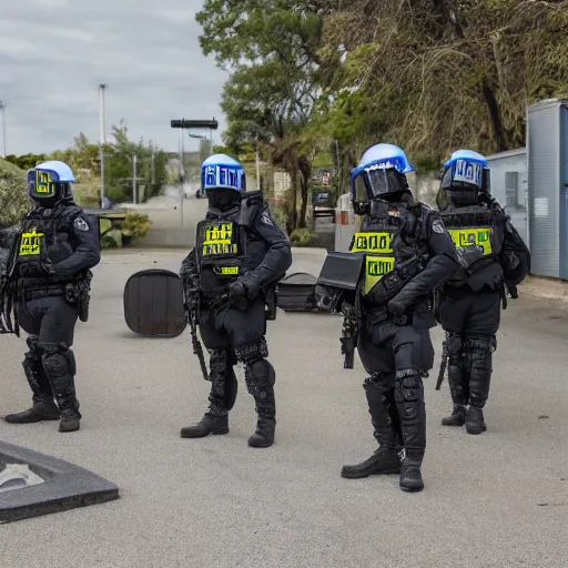 Image similar to Extremely intimidating police unit meant to invoke fear, military equipment, scary, full shot, Canon EOS