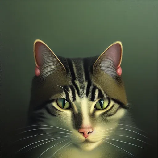 Prompt: 'impressive modern painting of a realistic cat by George Inness, Gerald Brom and Mike Winkelmann, drop shadow, Unreal Engine, RTX, Octane, 4K'