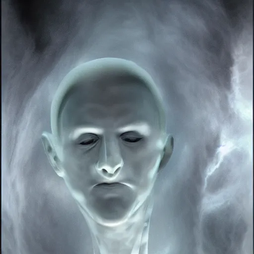 Prompt: iceman portrait, full body. ice twirls around the figure, haze. dark shadows in the background. volumetric light. heavy stormy clouds forming tornado above. all made from ice. h. r. giger.