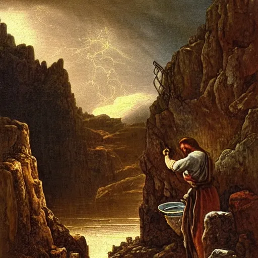 Image similar to A biblical painting of Jacob Washing dishes next to a window by Gustave Doré, Scenic, Dramatic, lightning storm in background