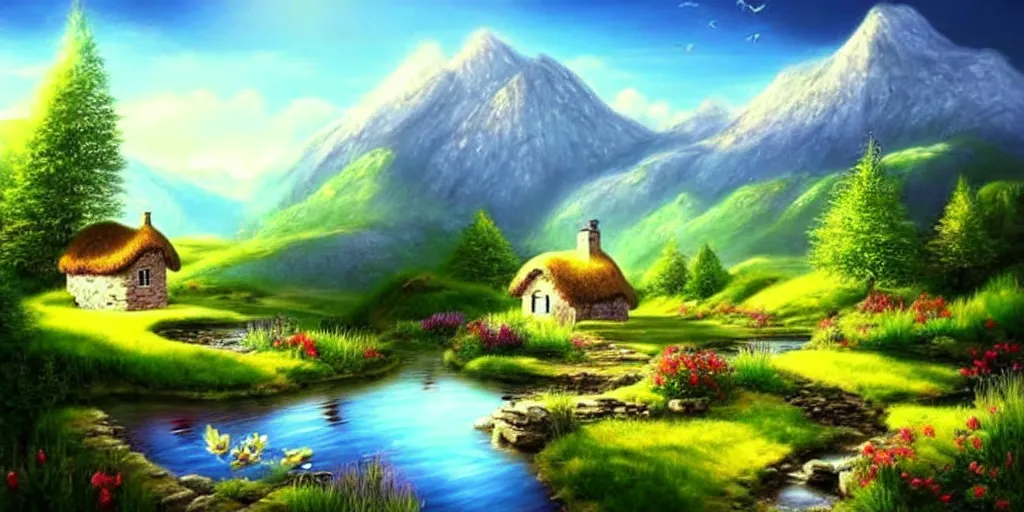 Image similar to a beautiful fantasy landscape, mountain in background, little cottage, small pond, some trees in the corner. hyper realism