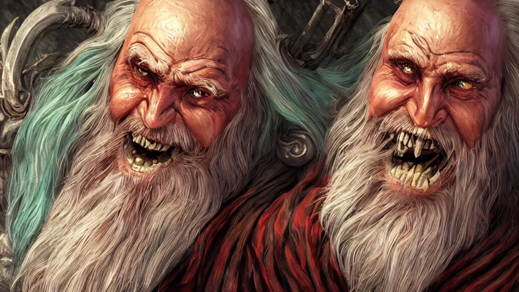 Image similar to bright, colorful, realistic, detailed from Elder Scrolls: Shivering isles concept art of The Mad God Sheogorath with a madsmile, Caucasian skin, combed white beard and combed white hair backlighting, kodachrome, high contrast, highly detailed, sharp focus, digital painting, concept art, illustration, trending on artstation, comic book by Alex Ross and Adam Adamowicz cover art