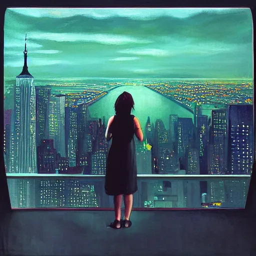 Image similar to “ a girl looking down at a futuristic new york city below, ghostpunk, neon lights, fog, storm clouds, rain, detailed face, oil painting, by edward hopper ”