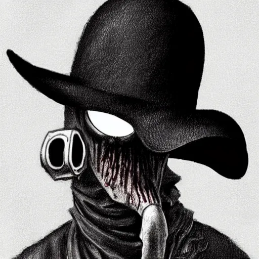 Prompt: a portrait of a plague doctor gunslinger, dark fantasy, horror, western, hell, ultrafine detailed digital pencil art by takeshi obata and mike mignola and irving penn, death note style, colored, symmetric body, cgsociety, sharp focus, detailed face, looking at the camera and pointing with a big gun