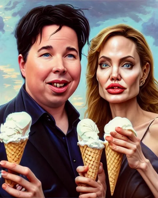 Image similar to Portrait of Michael Mcintyre & blonde Angelina Jolie eating ice creams in Porto,real life skin, intricate, elegant, highly detailed, artstation, concept art, smooth, sharp focus, art by artgerm and greg rutkowski and alphonse mucha