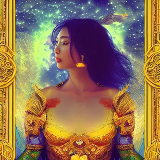 Prompt: camera floating among stars, tarot card, intricate beautiful female goddess, field various angles by ross tran, water, golden ratio, vivid colors, trending on ArtStation, cgsociety gustav klimt frame, bokeh