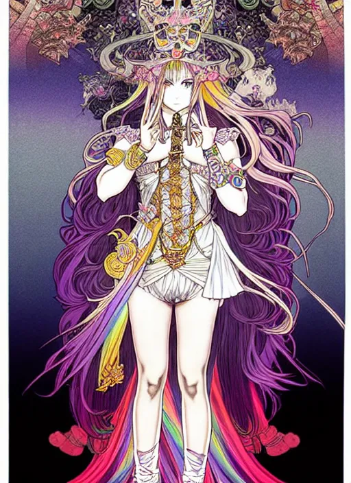 Prompt: highly detailed terada katsuya minaba hideo legend of the cryptids atrstation manga poster of princess mechine, rainbow gradient reflection, long hair, armor, dress, laces, ruffles, 8 k, maximalist, alphonse mucha