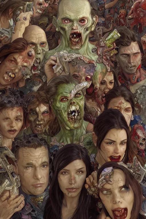 Prompt: group portrait of the zombie brain hero group, superhero zombies, fantasy, highly intricate, elegant, realistic faces, highly detailed, digital painting, artstation, concept art, smooth, sharp focus, group photo, illustration, art by artgerm and greg rutkowski and alphonse mucha, esoteric, surreal