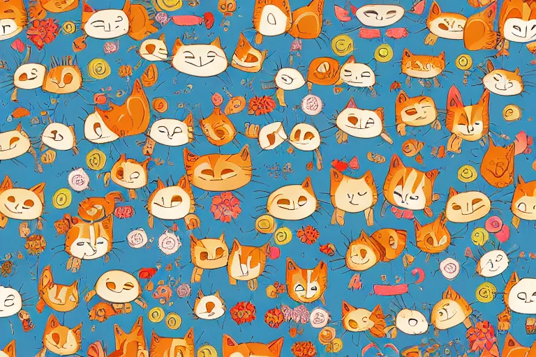 Image similar to beautiful art illustration of a group of happy cats by studio ghibli, highly detailed, seamless pattern, tiling, anime style