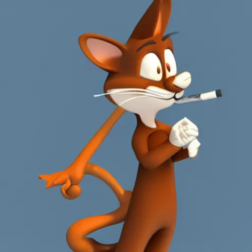 Image similar to a 3 d model of tom from tom & jerry looking depressed and smoking a cigarette