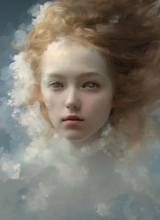 Image similar to painting of a floating angelic spirit made out of clouds and floating ribbons, beautiful female face, spectrum colours, angelic, realistic, raphaelites, baroque, renaissance, cinematic light, volumetric, octane render